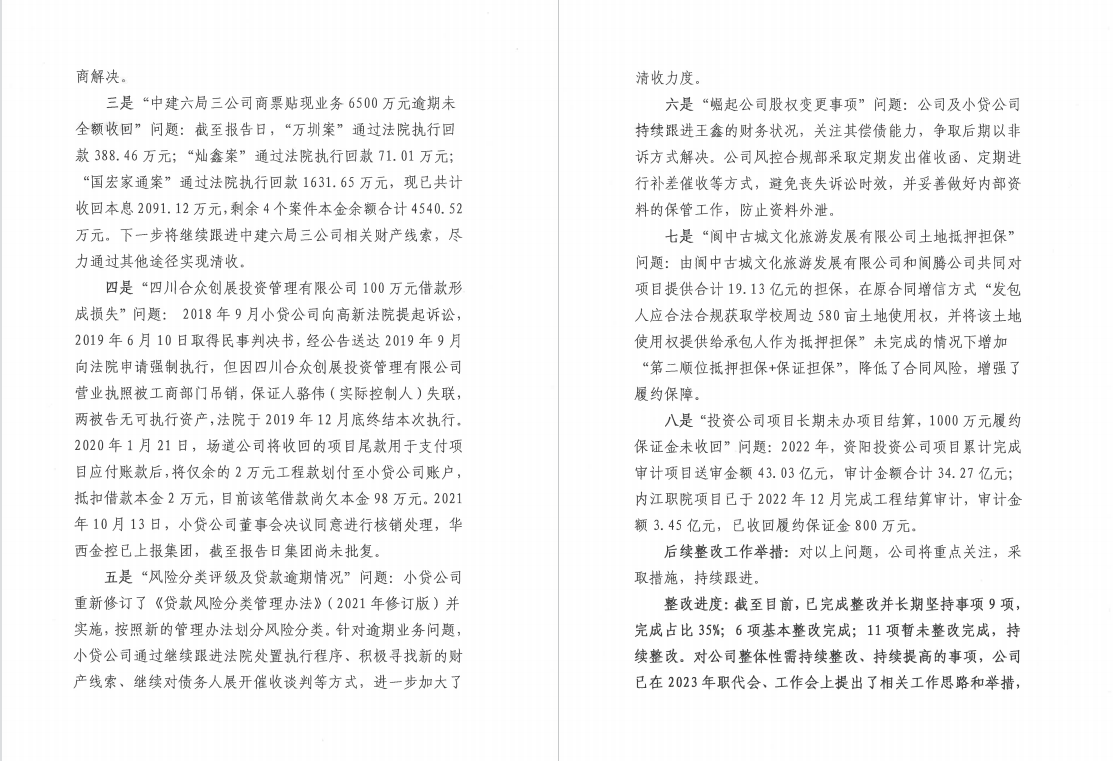 四川华西金融控股股份有限公司党委 关于巡察整改阶段进展情况的通报